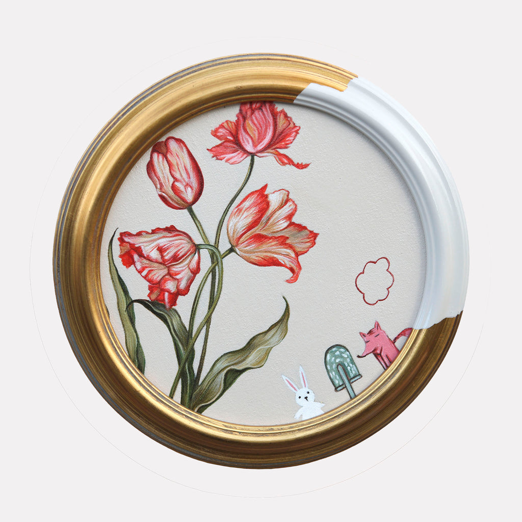 The artwork "When Rabbit Meets Fox" by Carlos Gamez de Francisco features a circular composition framed in gold, showcasing detailed red tulips with delicate petals and green leaves. A small white rabbit and pink fox appear near a stylized shovel, blending botanical precision and whimsical storytelling reminiscent of Mary Blair and Pierre-Joseph Redouté.