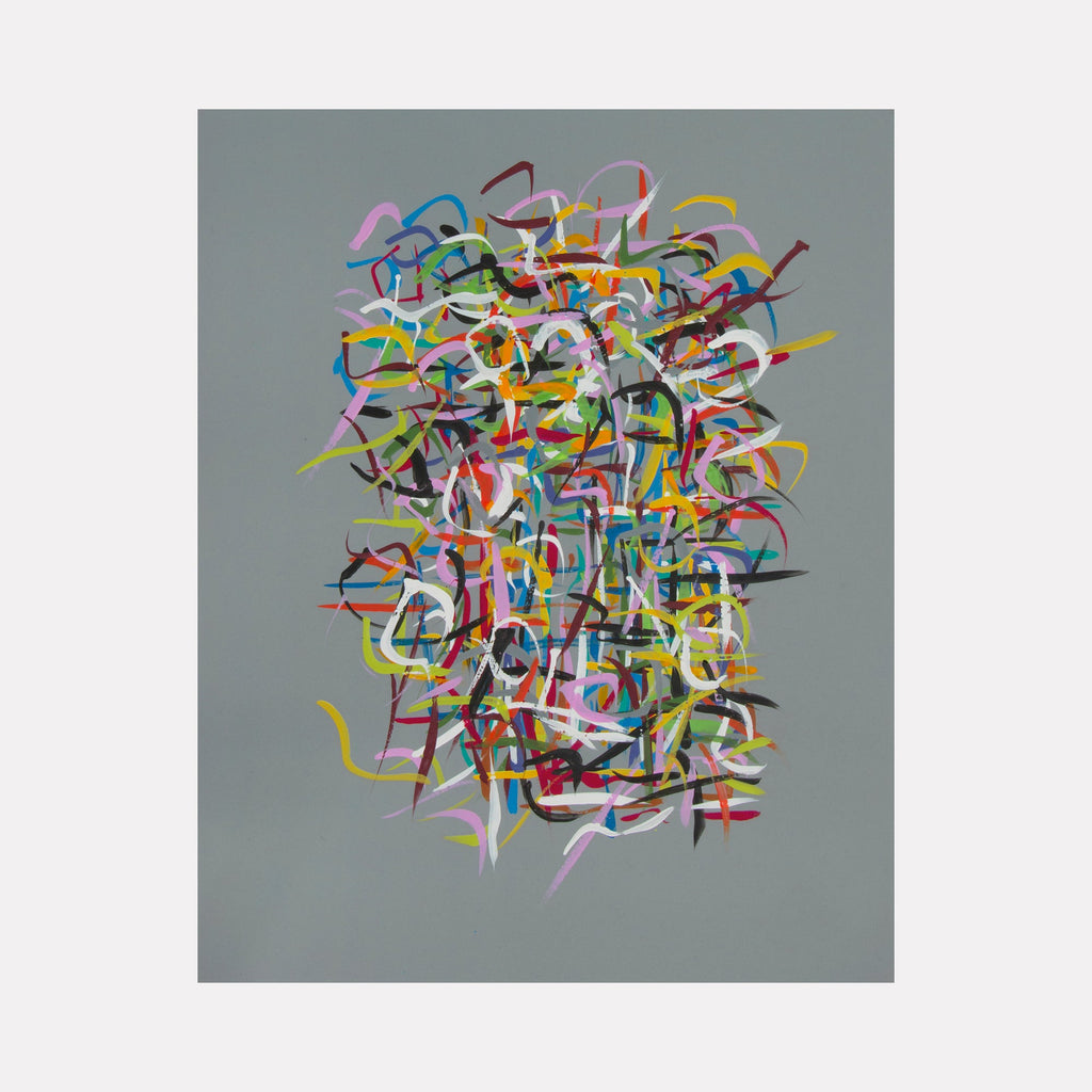Radiation Series 3-Painting 1: Abstract swirling brushstrokes in vibrant pink, yellow, and blue on gray aluminum surface by Carol Salmanson
