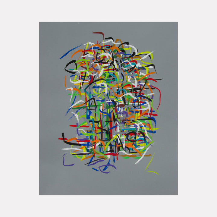 Radiations Series 3-Painting 2: Abstract swirling lines in vibrant blue, red, yellow on gray aluminum surface by Carol Salmanson