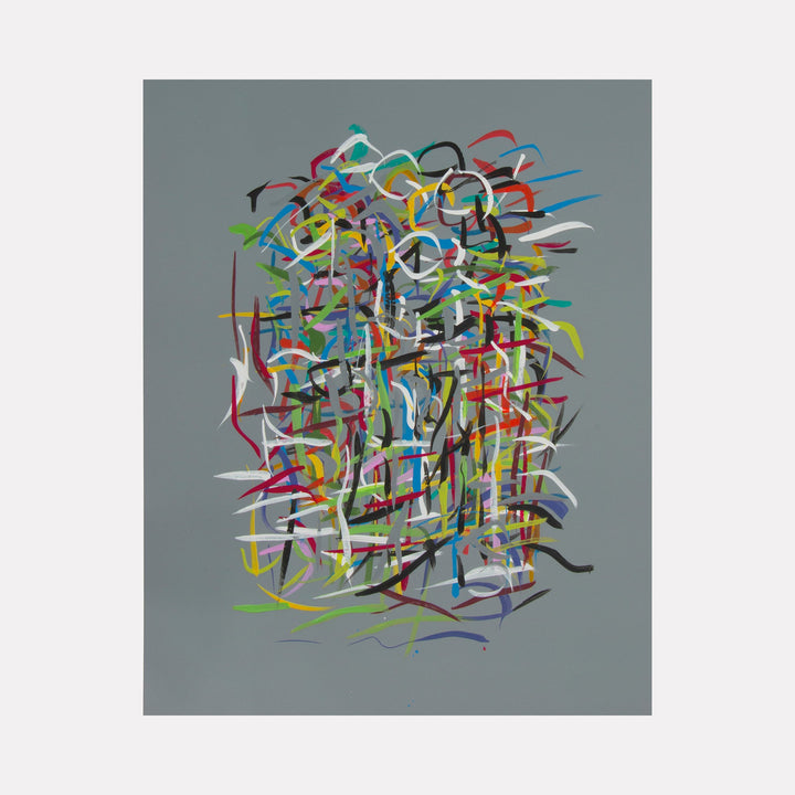 Radiations Series 3-Painting 3: Abstract composition of vibrant interwoven curved lines and strokes on gray aluminum surface by Carol Salmanson