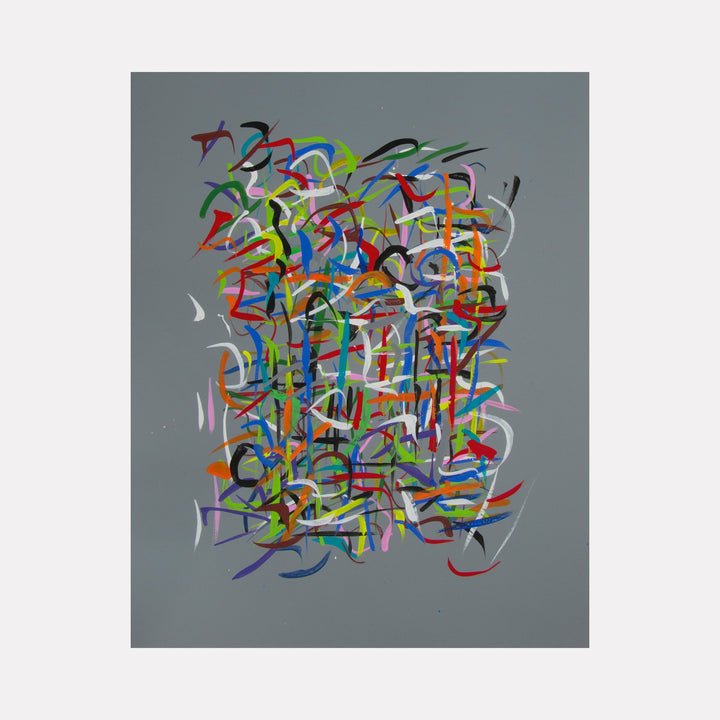 Radiations Series 3-Painting 4: Abstract swirling brushstrokes in vibrant rainbow colors on gray aluminum surface by Carol Salmanson