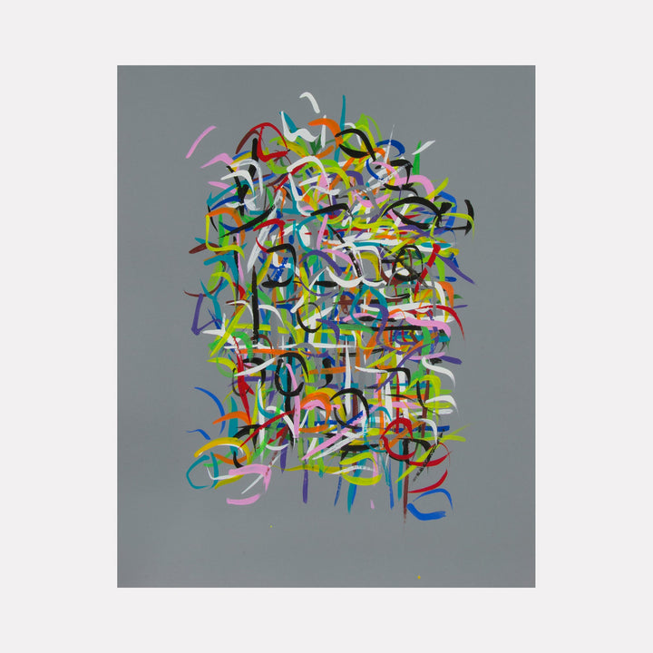 Radiations Series 3-Painting 5: Abstract swirling ribbons in vibrant blues, greens, and pinks on gray aluminum canvas by Carol Salmanson