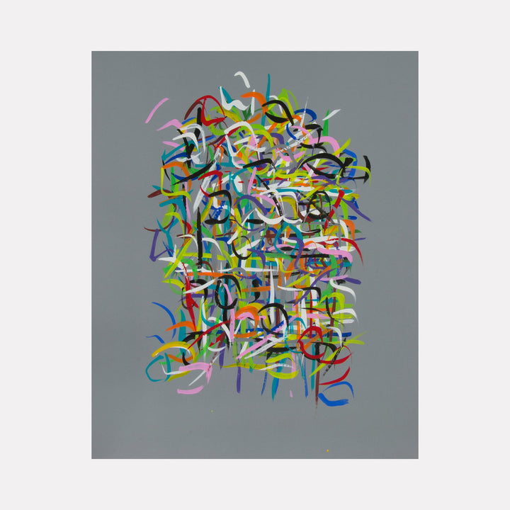 Radiations Series 3-Painting 6: Abstract swirling colorful calligraphic marks on gray aluminum, dynamic brushstrokes by Carol Salmanson