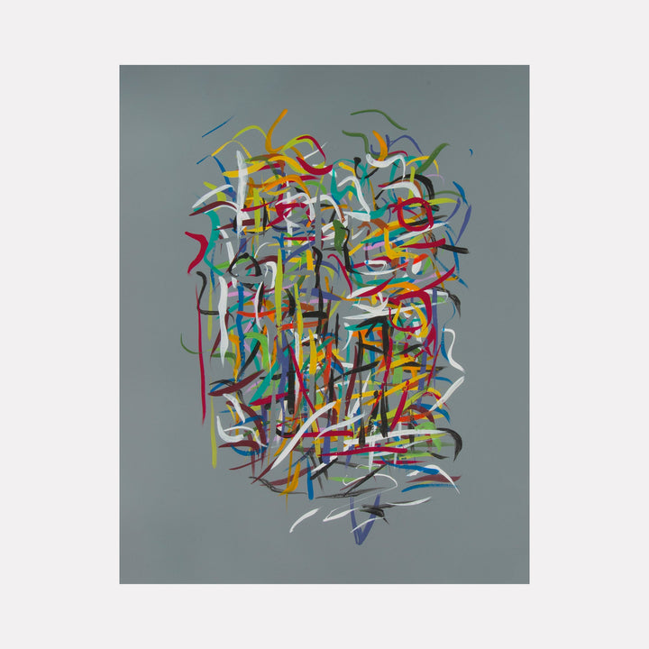 Radiations Series 3-Painting 8: Abstract swirling lines in vibrant colors against grey background, acrylic on aluminum by Carol Salmanson