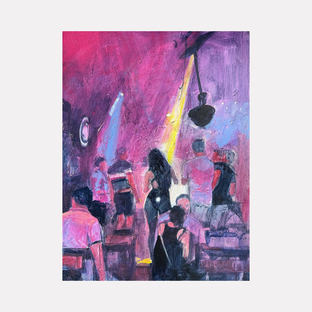 The artwork "Cartagena" by Chris Baily features a neon-lit scene with silhouetted figures in a vibrant nightclub setting, rendered in layered purples, pinks, and blues. The textured brushwork and moody lighting evoke an atmospheric realism reminiscent of Edward Hopper’s urban scenes and the dynamic energy found in works by Jacob Lawrence.