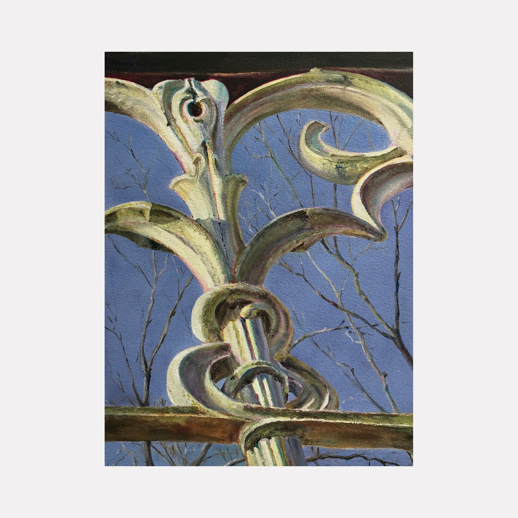 The artwork Cast Iron Bridge IV, Central Park by Jessica Ziegler captures a detailed close-up of an ornate cast iron bridge railing with elegant curves and scrollwork against a clear blue sky and bare tree branches. The textured brushstrokes and realistic style evoke the precision of Edward Hopper’s architectural paintings combined with a hint of John Sloan’s urban naturalism.