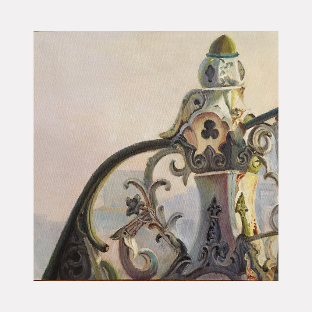 The artwork "Cast Iron Bridge 1, Central Park" by Jessica Ziegler showcases a detailed close-up of an ornate cast iron bridge railing featuring flowing curves, floral motifs, and textured patina in muted earth tones. The style echoes the intricate realism of John Singer Sargent and the atmospheric quality reminiscent of Winslow Homer.