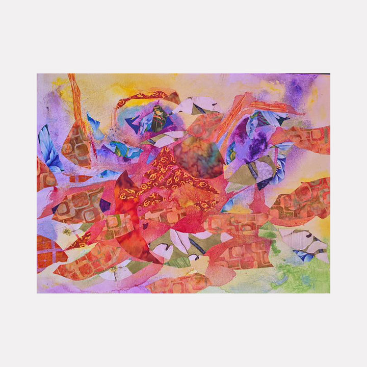 The artwork "Castle Hill" by James Ehling features an abstract landscape with layered, semi-transparent shapes in warm reds, oranges, and purples, accented by softer greens and blues. Textural patterns resembling brick and fabric overlay fluid forms, evoking the atmospheric abstraction of Gerhard Richter and the color harmonies seen in Paul Klee’s compositions.