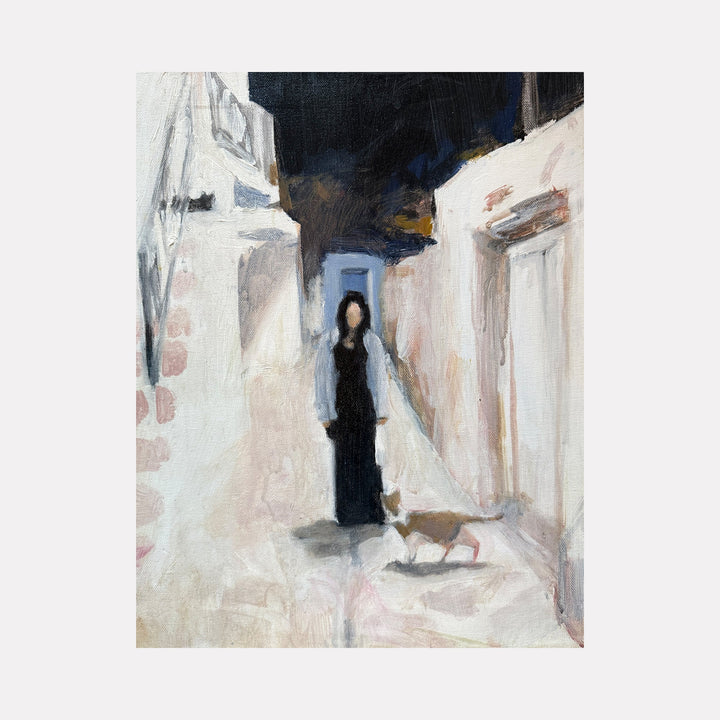The artwork "Cat" by Chris Baily features a softly blurred figure dressed in black standing in a narrow, light-filled alleyway alongside a small cat. The muted palette of creams, grays, and black with textured brushstrokes evokes an atmospheric, almost dreamlike quality reminiscent of Edward Hopper’s urban scenes and Gerhard Richter’s blurred figurative paintings.