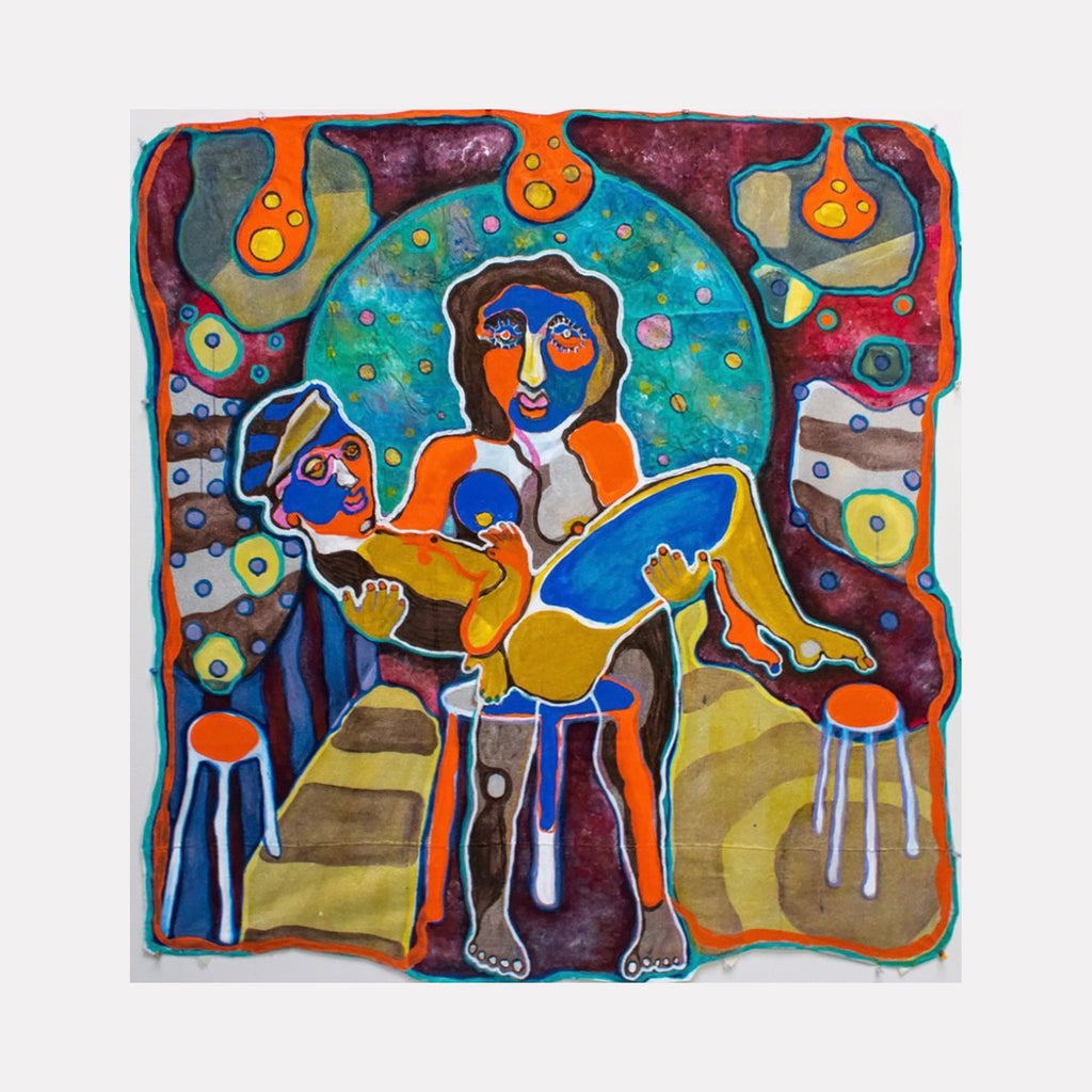 The artwork "Caught by the Mail Lady" features vibrant, abstract figures in bold colors of blue, orange, and yellow with textured brushstrokes and organic shapes, depicting a dynamic scene with two central characters surrounded by warm, swirling patterns and dripping elements. By Laurie Shapiro.