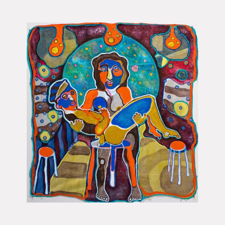 The artwork "Caught by the Mail Lady" features vibrant, abstract figures in bold colors of blue, orange, and yellow with textured brushstrokes and organic shapes, depicting a dynamic scene with two central characters surrounded by warm, swirling patterns and dripping elements. By Laurie Shapiro.
