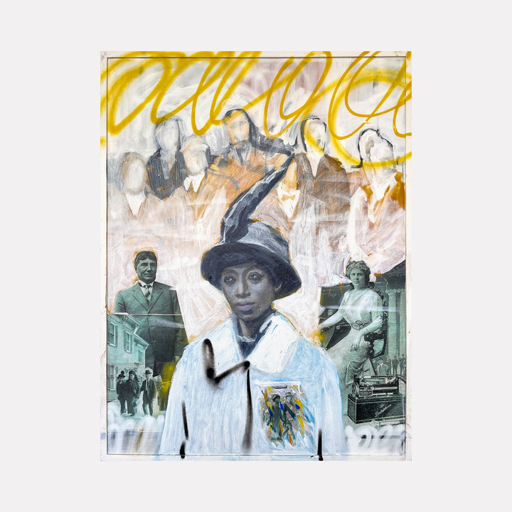 The artwork "Celia Coleman" by Chris Baily features a mixed-media composition combining portraiture and collage elements. It depicts a central figure in a distinctive hat and coat rendered in muted blues and whites, set against layered fragments of vintage black-and-white photos and expressive orange and yellow brushstrokes. The dynamic interplay of realism and abstraction evokes the narrative depth of Jean-Michel Basquiat and the conceptual laye