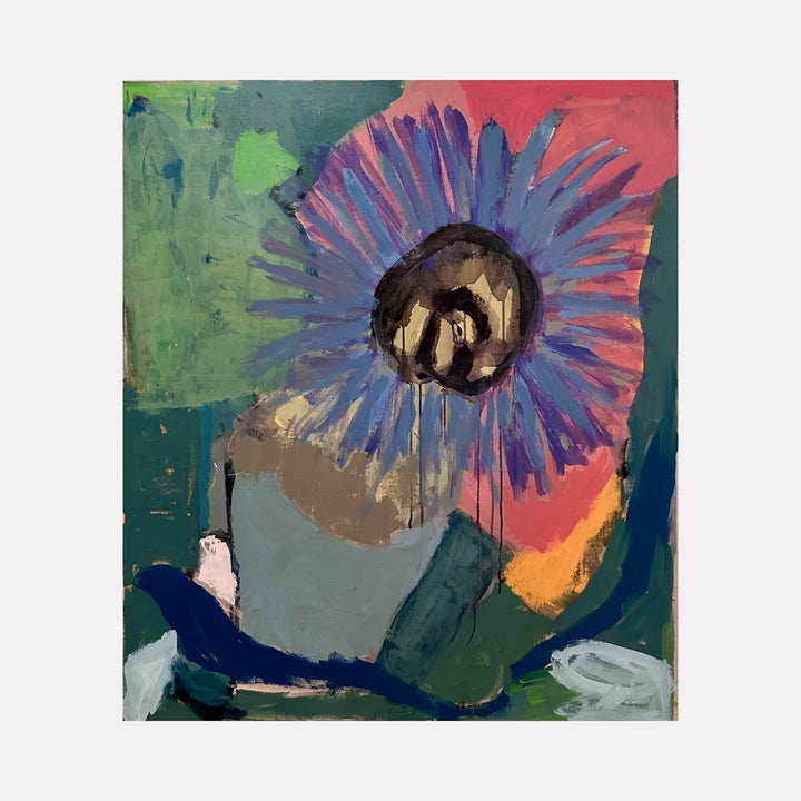 Center of Attention by Leslie Thornton captures a bold floral motif with expressive brushstrokes in vibrant purples and deep blues, set against a textured background of greens, reds, and warm earthy tones, blending abstract and natural elements into a vivid and emotive contemporary composition.