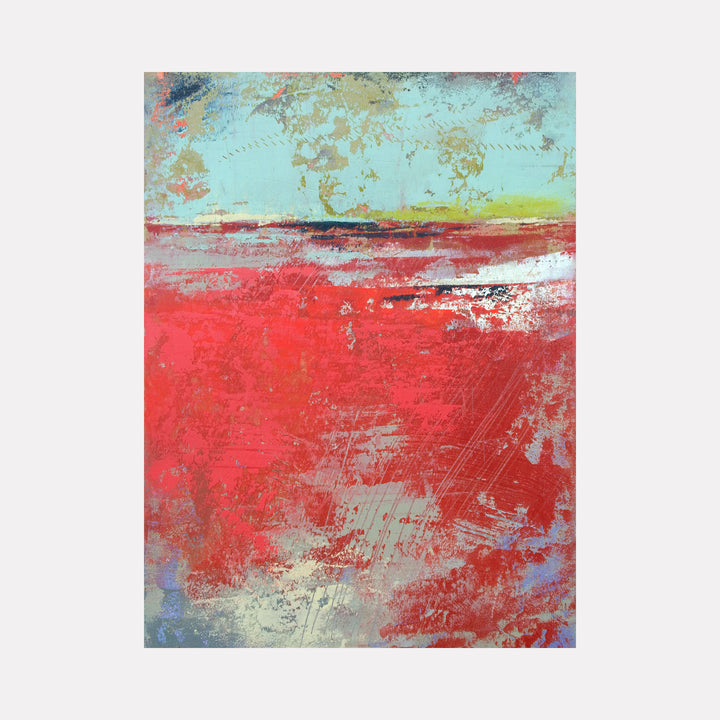 Cerise Harbor by Victoria Primicias presents a vibrant abstract scene dominated by rich cerise red tones with textured layering. Soft patches of light blue, pale green, and hints of muted gray create contrast, evoking a dynamic and expressive interpretation of a coastal landscape infused with energy and subtle depth.