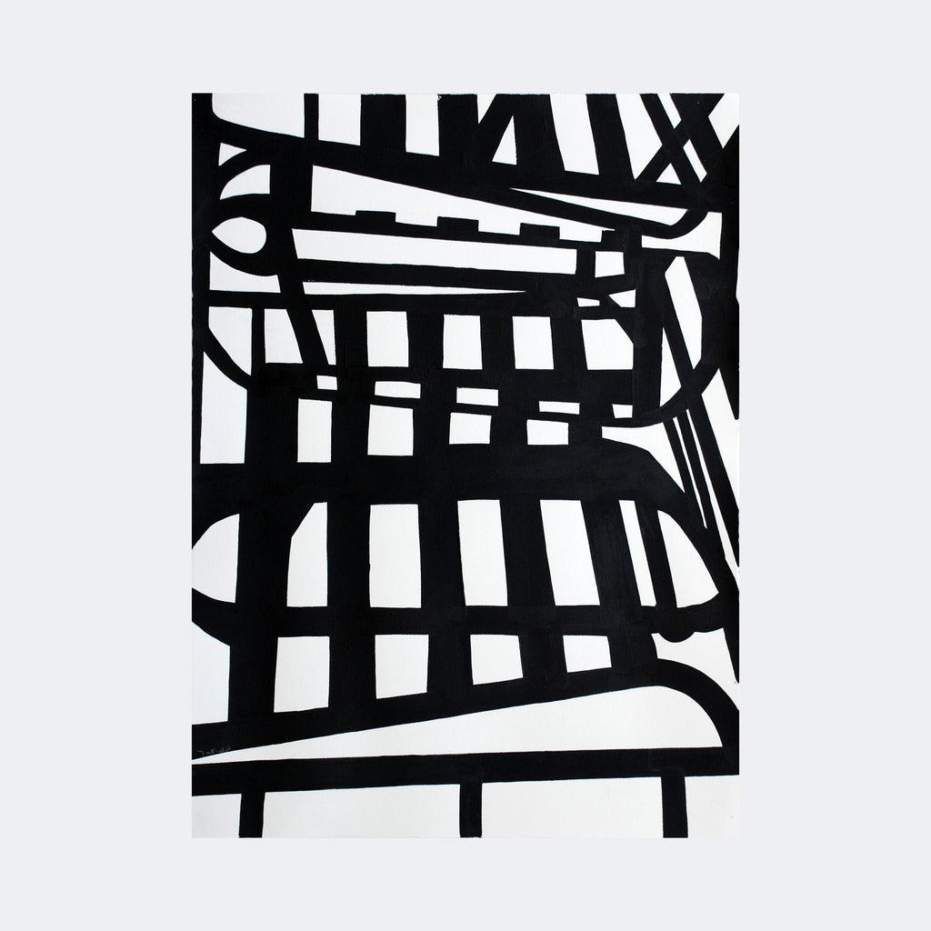 The artwork "Chair #2" by Lisa Petker Mintz features bold black geometric lines and shapes arranged in an abstract pattern that suggests the form of a chair. The composition uses strong contrast between black and white, reminiscent of the graphic quality found in works by artists like Piet Mondrian and Kazimir Malevich, with a modern minimalist aesthetic.