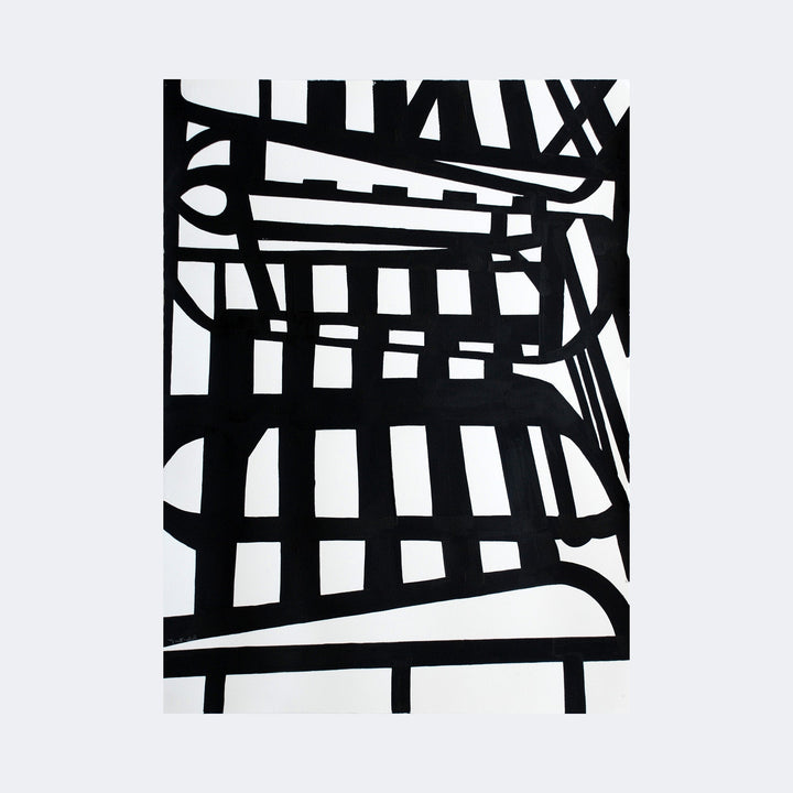 The artwork "Chair #2" by Lisa Petker Mintz features bold black geometric lines and shapes arranged in an abstract pattern that suggests the form of a chair. The composition uses strong contrast between black and white, reminiscent of the graphic quality found in works by artists like Piet Mondrian and Kazimir Malevich, with a modern minimalist aesthetic.