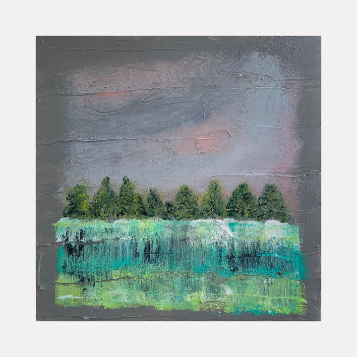 The artwork "Change Is Coming" by Tammy Kushnir features a textured landscape with a row of dark green trees set against a muted, cloudy sky blending gray, blue, and hints of pink. The foreground showcases abstract shades of green and teal, suggesting grass or a field, with layered brushstrokes creating depth and movement. Tammy Kushnir.