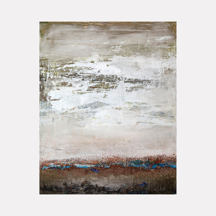 The artwork "Cheap Thrills II of II" by Deborah Chaney features an abstract landscape with layered textures and a muted color palette. Soft, smoky grays and whites blend into earthy browns and deep blues, reminiscent of works by Mark Rothko and Gerhard Richter. The piece evokes a serene yet dynamic atmosphere through its expressive brushstrokes and subtle color transitions.
