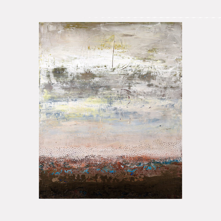 The artwork "Cheap Thrills I of II" by Deborah Chaney features a textured abstract composition with layered horizontal bands in muted tones of white, gray, blue, and rust. The painting evokes a sense of depth through rough brushstrokes and subtle color blending, reminiscent of works by Gerhard Richter and Mark Rothko in its atmospheric style.