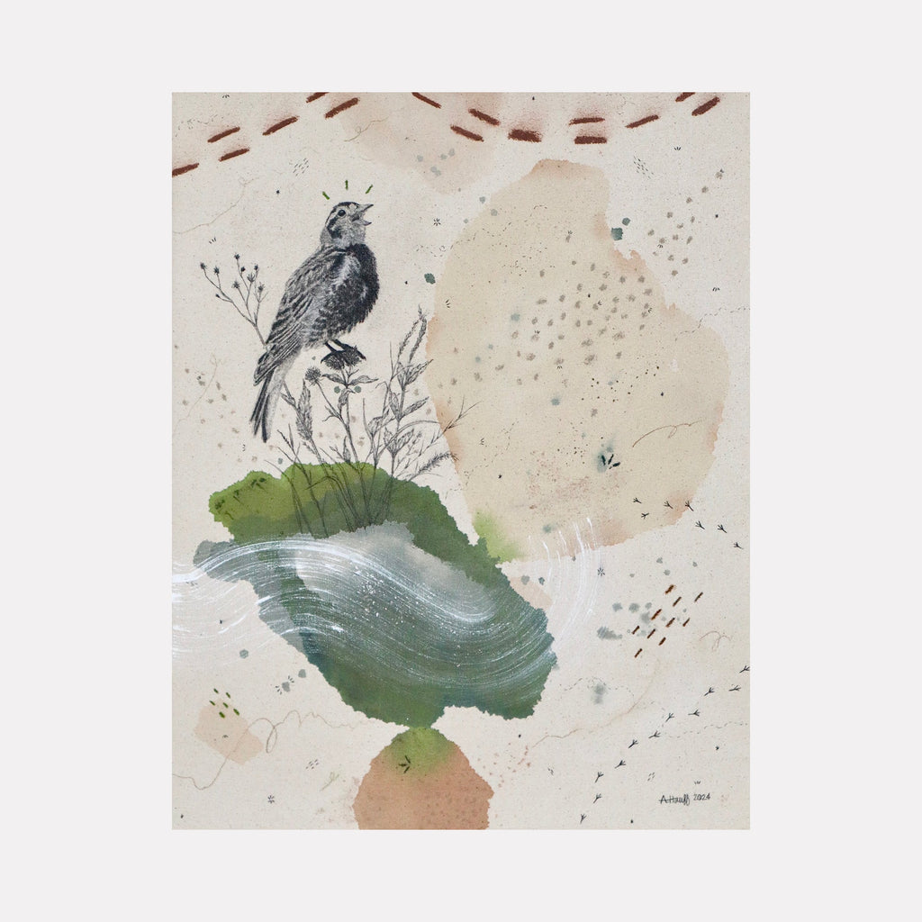 The artwork "Chestnut Collared Longspur, Warbling in the Shortgrass" by Alicia Hauff depicts a textured, abstract landscape with soft earthy tones of beige, brown, and green. A detailed bird with dark feathers is perched on delicate grass stalks, surrounded by subtle brushstrokes and patterns evoking natural elements and movement. Alicia Hauff.