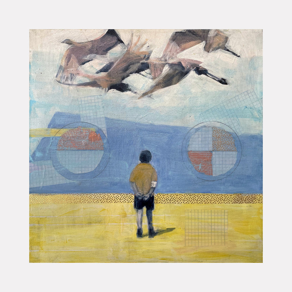 The artwork "Choices" by Chris Baily features a contemplative figurative scene with a solitary figure standing on a textured yellow ground facing a muted blue horizon. Above, ethereal, abstract forms float against a soft sky. Geometric circles and grid patterns add subtle structure, evoking a blend of surrealism and modern abstraction reminiscent of Giorgio de Chirico and Paul Klee.