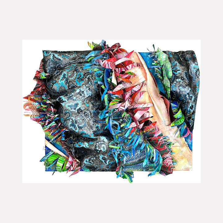 The artwork "Crafty Collaboration 5" showcases a textured fabric art piece blending intricate black and blue damask patterns with layered, curled strips of vibrant colors including red, green, blue, and pink. The composition evokes the dynamic style of abstract expressionism with a tactile, mixed-media quality reminiscent of works by Anni Albers. Created by Christina Massey.