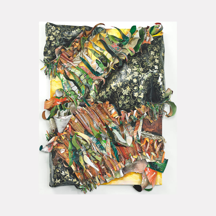 The artwork "Crafty Collaboration 2" features an intricate collage of layered, curled paper and fabric strips in vibrant greens, oranges, yellows, and blacks with floral patterns on a textured background. The dynamic composition and tactile quality evoke a mixed-media style reminiscent of Robert Rauschenberg’s assemblages. By Christina Massey.