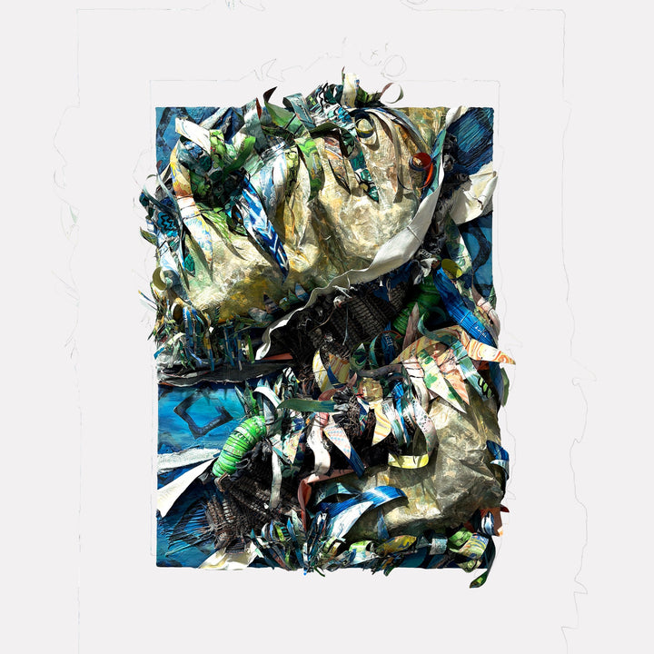 The artwork "Crafty Collaboration 3" by Christina Massey features an abstract, textured composition with layered paper and mixed media elements. It showcases a dynamic interplay of blues, greens, and earthy tones, reminiscent of collage techniques similar to Pablo Picasso’s cubist works and the vibrant textures of Robert Rauschenberg. The piece highlights intricate, curled shapes and layered forms.