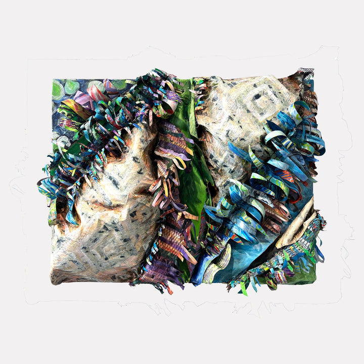 The artwork "Crafty Collaboration 6" features a textured, mixed-media composition with layered, curled strips of fabric in varying shades of blue, green, purple, and cream. The piece combines abstract patterns reminiscent of textile art with a tactile, three-dimensional quality similar to the works of Sheila Hicks. This intricate design by Christina Massey.