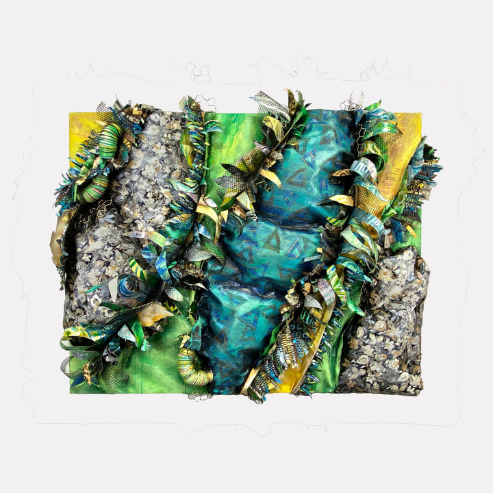 The artwork "Crafty Collaboration 8" features a vibrant mixed media composition with textured, curled strips in green, blue, yellow, and gray tones layered over a painted background. The piece combines organic shapes with patterned fabric elements, evoking styles similar to El Anatsui’s sculptural textiles and Henri Matisse’s cut-outs. Created by Christina Massey.