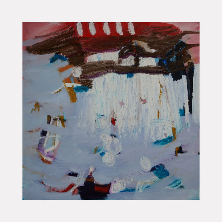 Nostalgia, Nutcrackers, and Neverland: The Chubby Russian Popped His Buttons by Lia Rodi depicts an abstract scene with soft pastel blues and purples contrasted by deeper reds and browns, featuring loosely defined forms and textured brushstrokes that evoke a playful, whimsical narrative with a dreamy, layered composition.