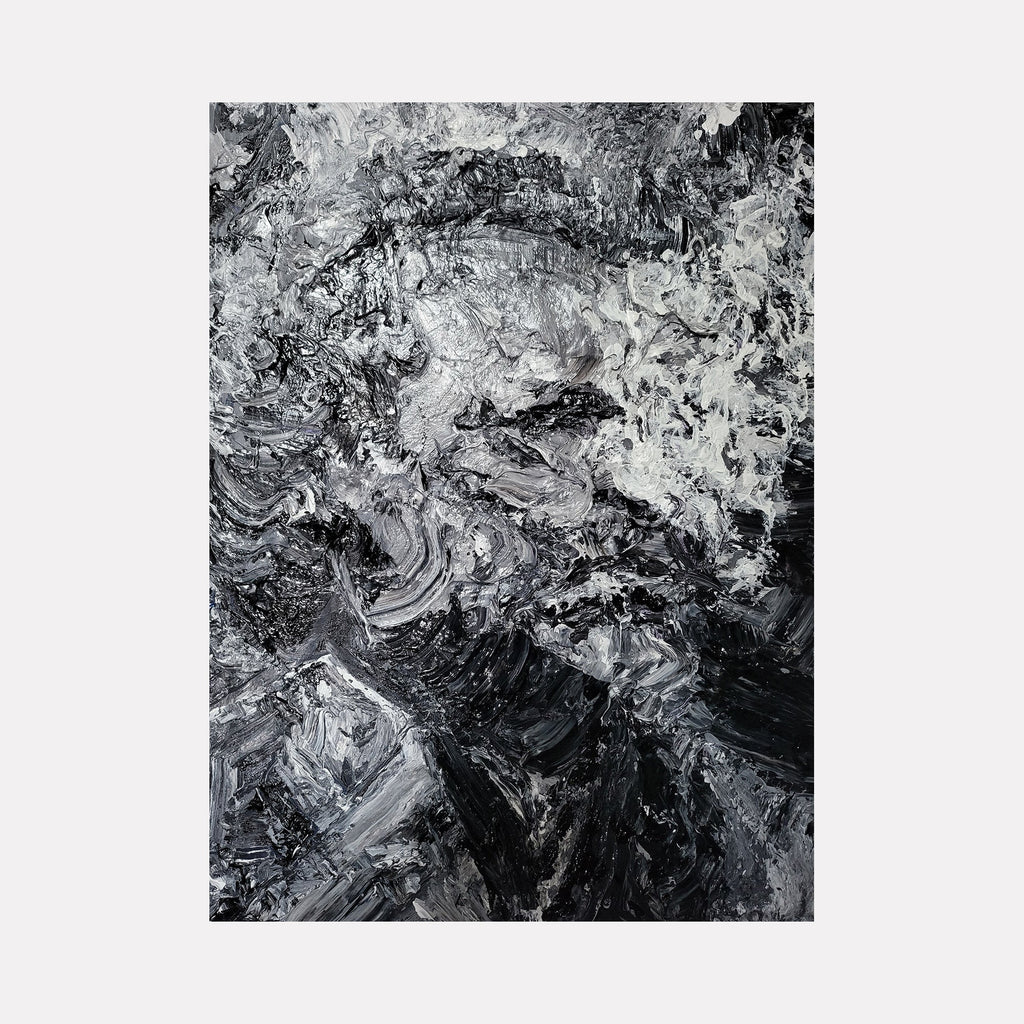 The artwork "Chuck B" by Roger Hsia features an abstract composition with dynamic swirling patterns and textured brushstrokes in shades of black, white, and gray, creating a sense of movement and depth with a monochromatic palette. The thick layered paint enhances the tactile quality of the piece. Roger Hsia.