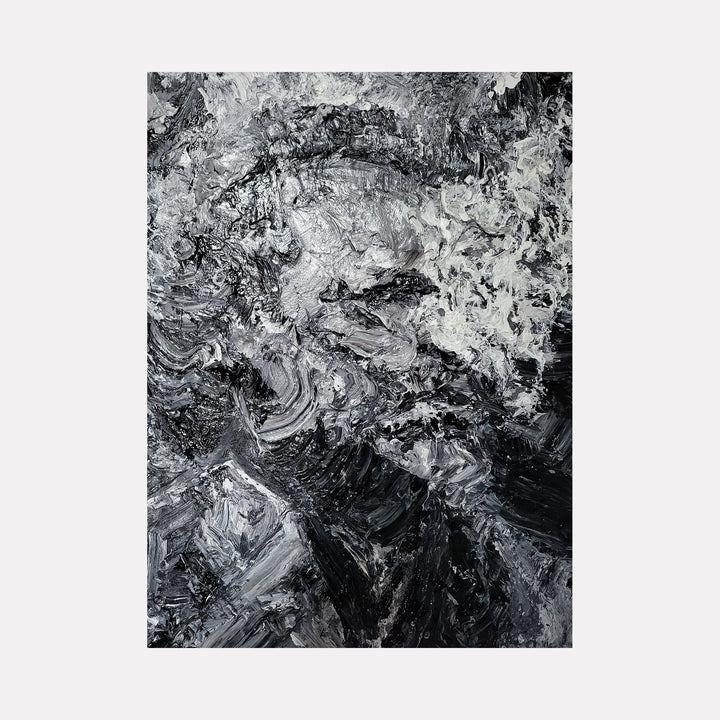 The artwork "Chuck B" by Roger Hsia features an abstract composition with dynamic swirling patterns and textured brushstrokes in shades of black, white, and gray, creating a sense of movement and depth with a monochromatic palette. The thick layered paint enhances the tactile quality of the piece. Roger Hsia.