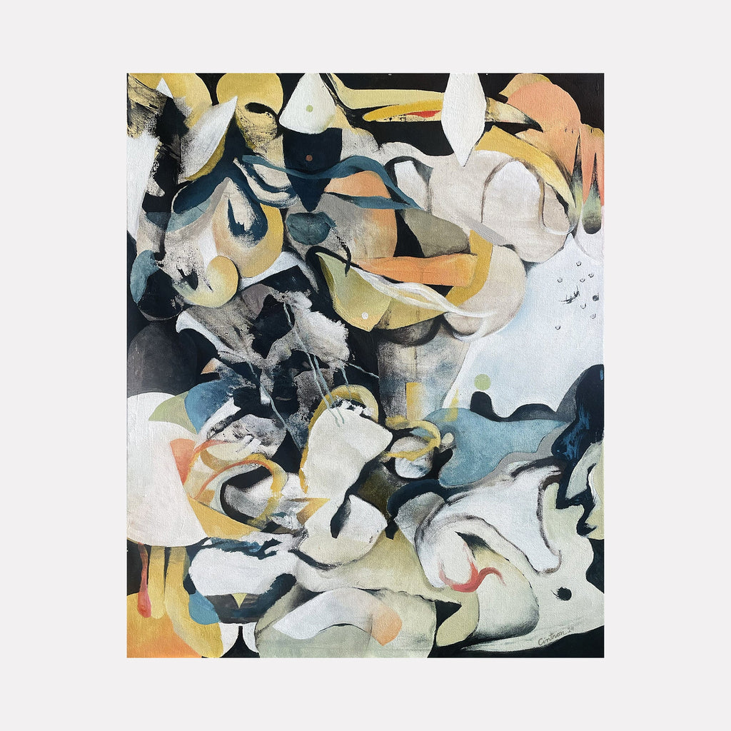 The artwork "After the Rain" by David Louis Cintron features an abstract composition with flowing organic shapes in muted tones of beige, black, blue, and soft orange. The textured brushstrokes create a sense of depth and movement, evoking a calm, post-storm atmosphere. The piece blends smooth and rough textures with layered colors. David Louis Cintron.