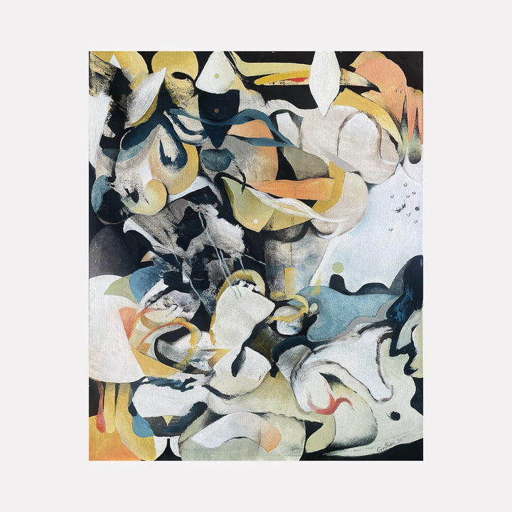 The artwork "After the Rain" by David Louis Cintron features an abstract composition with flowing organic shapes in muted tones of beige, black, blue, and soft orange. The textured brushstrokes create a sense of depth and movement, evoking a calm, post-storm atmosphere. The piece blends smooth and rough textures with layered colors. David Louis Cintron.
