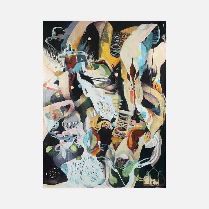 The artwork "Another Hidden World" features an abstract composition with fluid, organic shapes in muted tones of beige, blue, green, and brown contrasted against a dark background. The texture appears layered with brushstrokes blending into one another, conveying a sense of depth and mystery. Created by David Louis Cintron.