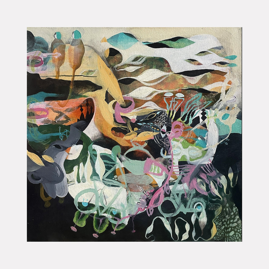 The artwork "Deep Ornament" features an abstract composition with fluid shapes and organic forms in muted tones of teal, beige, black, pink, and orange. Layers of textured brushstrokes create a sense of depth and movement, blending natural and surreal elements in a harmonious, intricate style. By David Louis Cintron.