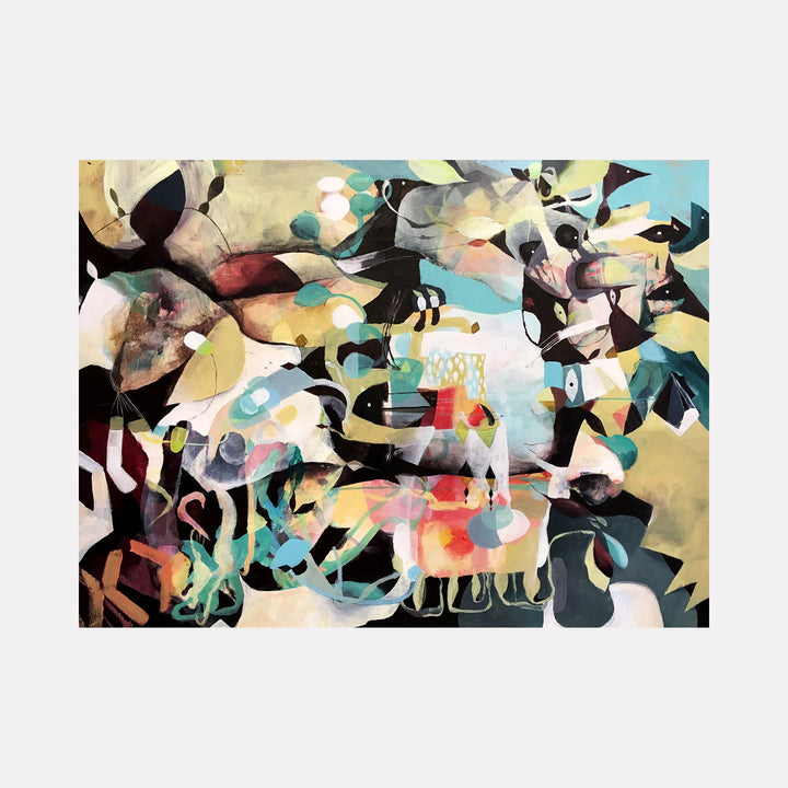 The artwork "Dream Plateau" features an abstract composition with fluid, overlapping shapes and a mixture of muted and vibrant colors including blues, yellows, reds, and blacks. The textured layers create a dynamic flow resembling dreamlike forms and organic patterns. The piece by David Louis Cintron captures a sense of movement and complexity.