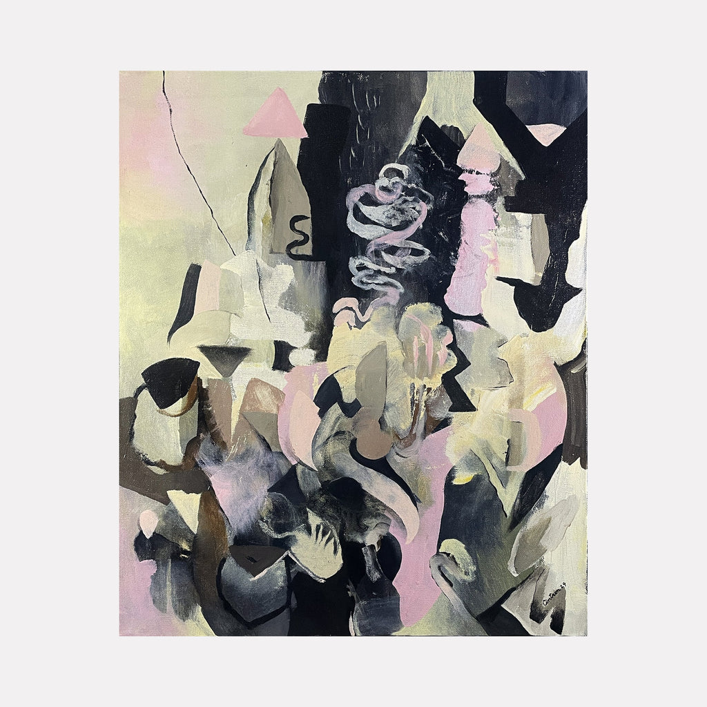 The artwork "Excavation Spires" features an abstract composition with layered geometric shapes resembling spires and twisted forms in muted tones of pink, black, gray, and beige. Textured brushstrokes create depth and movement, blending soft and sharp edges in a modern, expressive style. By David Louis Cintron.