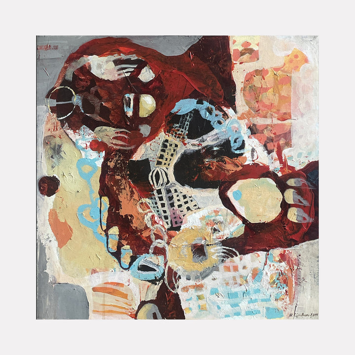 The artwork "Falcon's Fort" by David Louis Cintron features an abstract composition with rich, earthy tones of red, brown, beige, and blue. The textured layers and geometric shapes suggest a dynamic interplay of forms resembling organic structures and architectural elements. The intricate brushstrokes and mixed media create a vibrant, complex visual experience. David Louis Cintron.