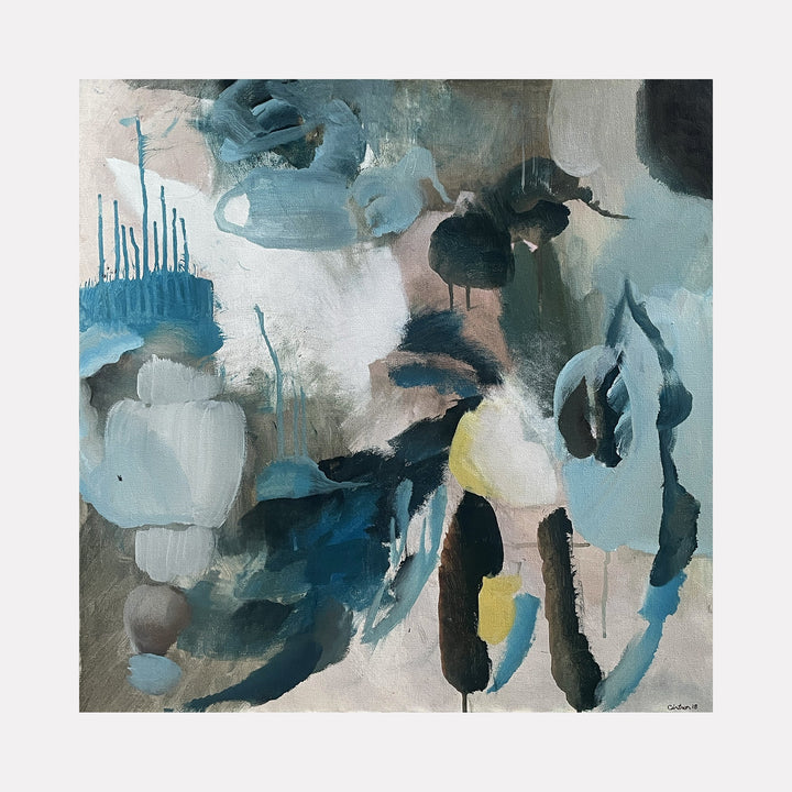 The artwork "From the Clouds" features abstract shapes and fluid forms in a muted palette of blues, grays, and creamy whites with subtle hints of yellow and black. The textures appear soft and layered, evoking a dreamy, atmospheric quality. This piece by David Louis Cintron captures ethereal and cloud-like impressions.