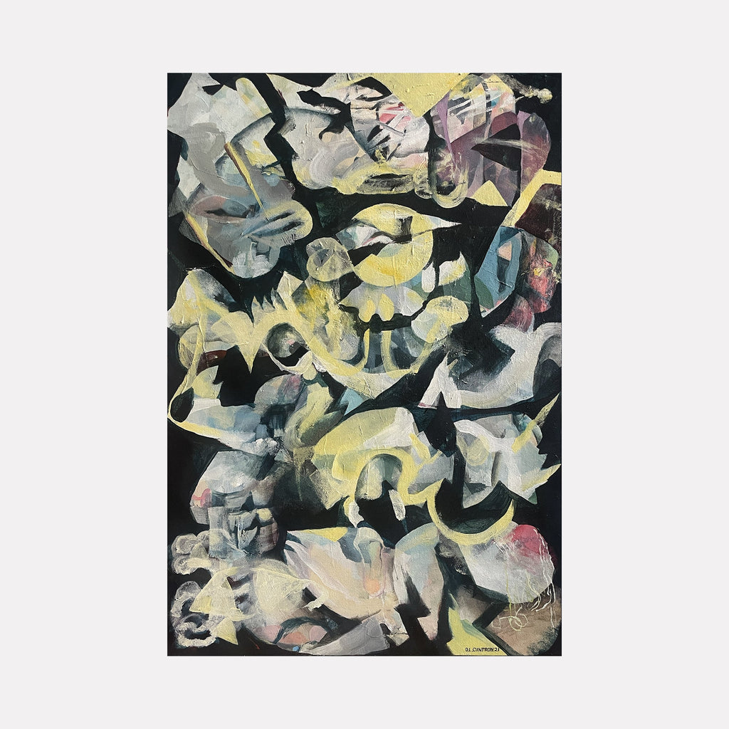 The artwork "Ghost Fossils" by David Louis Cintron features abstract shapes and forms in muted tones of yellow, gray, black, and hints of pink and blue. The painting has a layered texture with fluid, overlapping brushstrokes creating a sense of depth and movement. The product "Ghost Fossils" by David Louis Cintron.