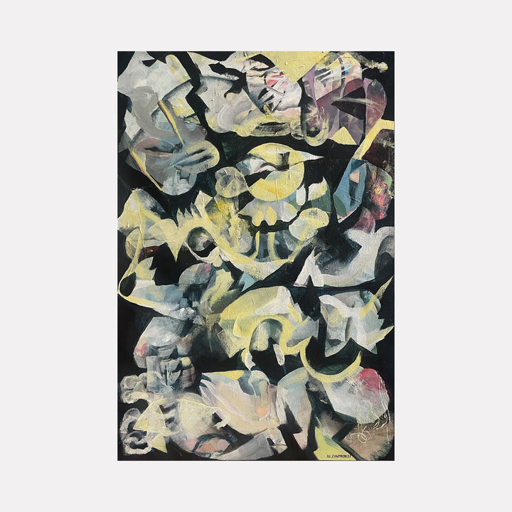 The artwork "Ghost Fossils" by David Louis Cintron features abstract shapes and forms in muted tones of yellow, gray, black, and hints of pink and blue. The painting has a layered texture with fluid, overlapping brushstrokes creating a sense of depth and movement. The product "Ghost Fossils" by David Louis Cintron.