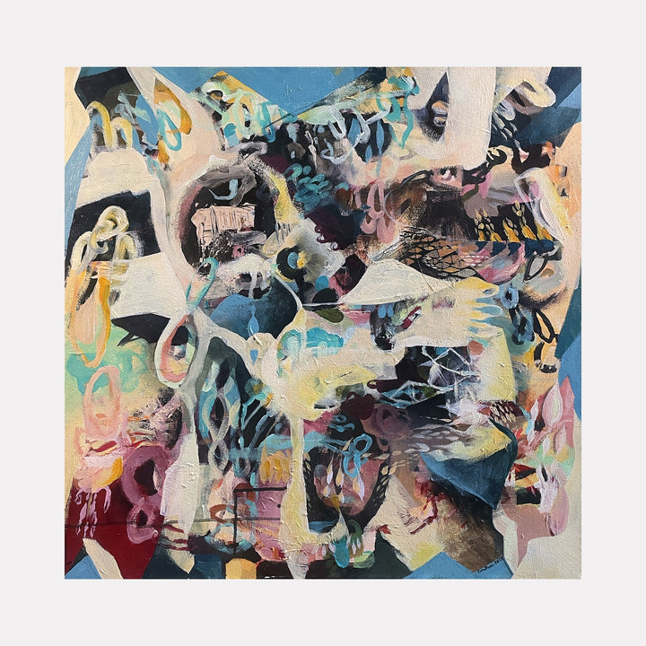 The artwork "Indus Valley Rain" features an abstract composition with layered shapes and intertwined forms in muted blues, creams, pinks, and dark accents. The textured surface combines smooth and rough brushstrokes, creating dynamic movement and depth. The piece evokes fluidity and complexity in a contemporary style. By David Louis Cintron.