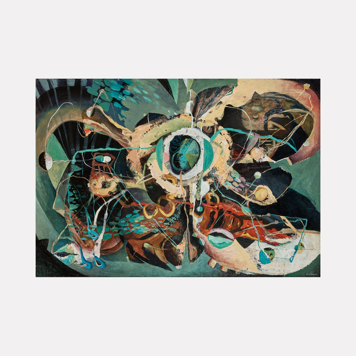 The artwork "Logos" features an abstract composition with swirling shapes and layered textures in teal, brown, beige, and black tones. The piece incorporates fluid lines and organic forms, creating a dynamic and intricate visual effect. The painting emphasizes movement and depth through overlapping elements. By David Louis Cintron.