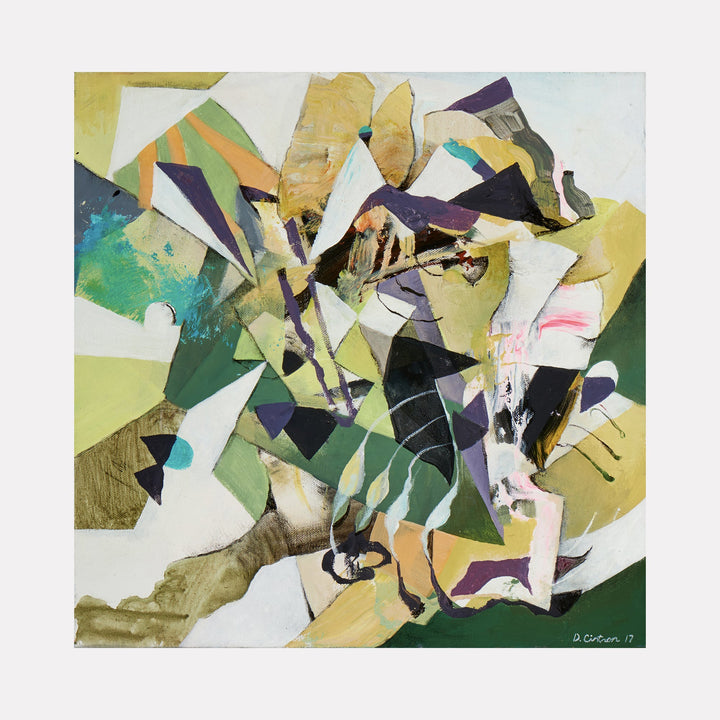 The artwork "Mandala Forming" features an abstract composition with overlapping geometric shapes and dynamic lines in shades of green, yellow, white, black, and purple, creating a textured, layered effect suggesting movement and complexity. The piece blends angular patterns with soft brushstrokes by David Louis Cintron.
