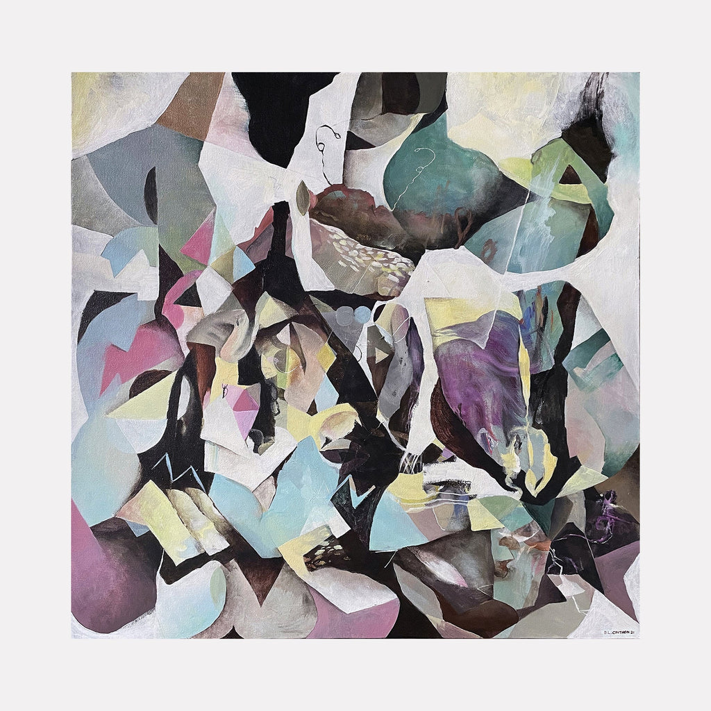 The artwork "Potentiality" features an abstract composition with fragmented shapes and overlapping forms in muted tones of purple, green, blue, beige, and black. The textured brushwork and layered geometric patterns create a dynamic, modern aesthetic. This piece by David Louis Cintron captures complexity and depth in a vibrant, contemporary style.