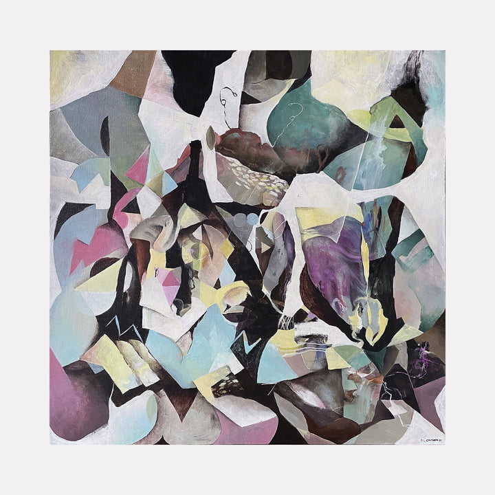 The artwork "Potentiality" features an abstract composition with fragmented shapes and overlapping forms in muted tones of purple, green, blue, beige, and black. The textured brushwork and layered geometric patterns create a dynamic, modern aesthetic. This piece by David Louis Cintron captures complexity and depth in a vibrant, contemporary style.