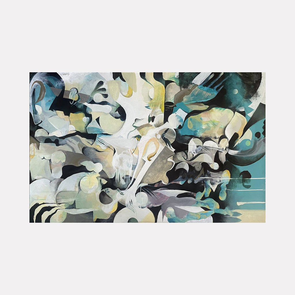 The artwork "Refracted Moon" features an abstract composition with flowing shapes and layered textures in muted tones of blue, green, beige, and white, creating a sense of depth and movement. The painting blends soft curves and angular forms with a dreamlike, ethereal quality. By David Louis Cintron.
