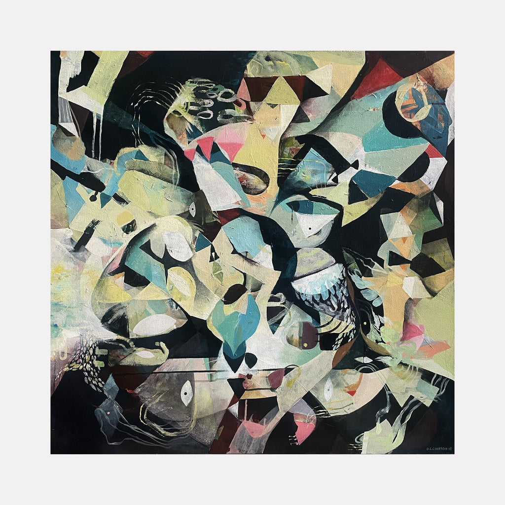The artwork "Silence, But Still ..." by David Louis Cintron features an abstract composition with overlapping geometric shapes and organic forms in muted tones of beige, blue, pink, and black. The textured layers create a sense of depth and movement, blending fragmented patterns with flowing lines in a cubist-inspired style. David Louis Cintron.